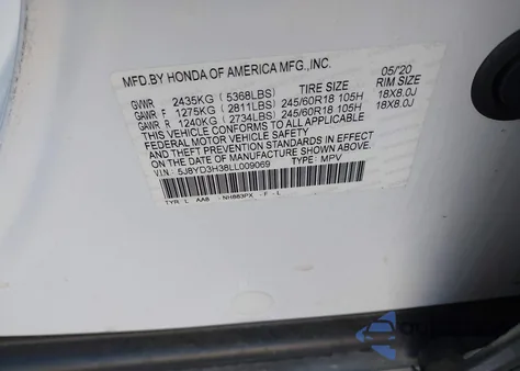 2020 Acura Mdx Standard z USA, uszkodzony, nr VIN 5J8YD3H38LL009069